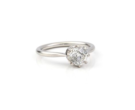 A platinum and diamond single stone diamond solitaire ring the old brilliant cut diamond with cut culet, approx. 0.90ct, in a