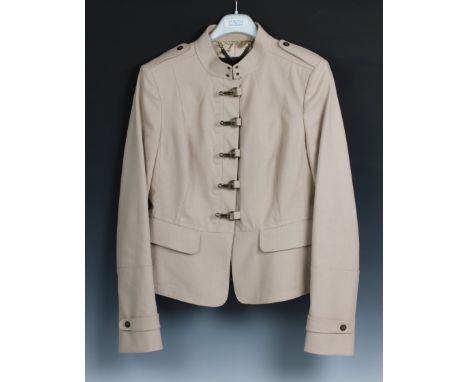 A ladies Burberry cotton beige jacket hook and ring fasteners, two pockets, epaulettes, size 44, *good condition, wear commen