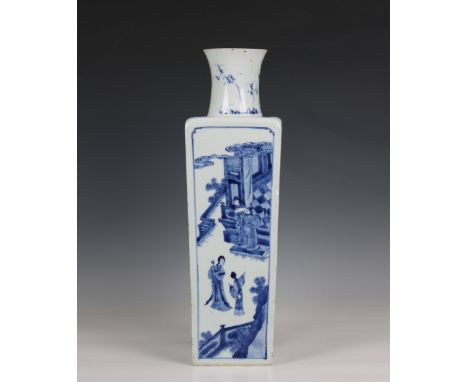 A Chinese blue and white porcelain square section vase Kangxi six-character mark to base and probably of the period, heavily 