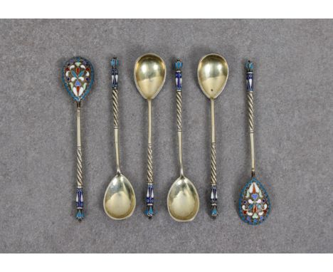 A set of six Russian silver gilt and cloisonné enamel teaspoons 4¾in. length (6)