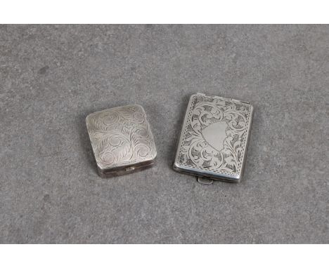 A small silver lidded box with engraved foliate decoration, 925 mark, 1¾in. together with a silver match box with engraved fo