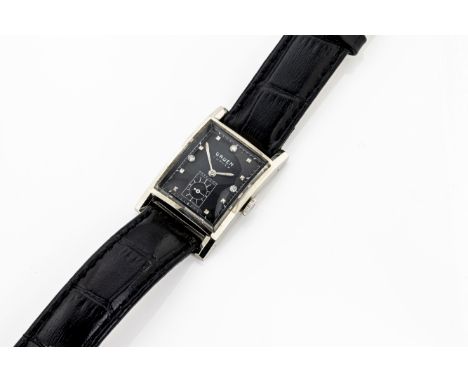 A ladies 1940s Gruen Curvex Precision 14ct white gold wristwatch the black rectangular dial approx 22mm x 18mm, with diamond 