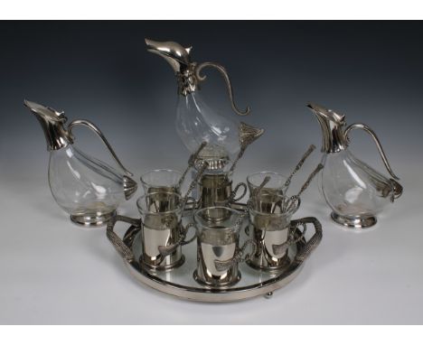 A vintage Silea duck form claret jug with six glasses, tray and cocktail stirrers together with two further duck decanters. (