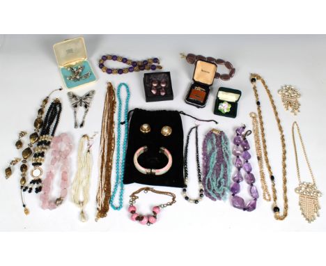 A quantity of costume jewellery including a 9ct gold watch strap, approx 9.2g; various statement necklaces, including rose qu