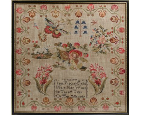 A named Channel Islands mid-19th century needlework sampler by Julia Rachel De La Mare, Her work in the 8th Year of her Age 1