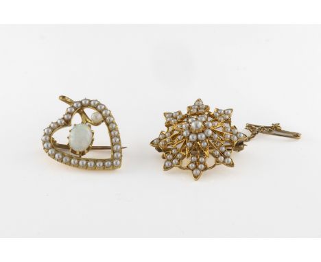 Two gold and seed pearl pendant brooches one heart shaped with cabochon opal to the centre, gross weight approx 4.4g; one of 