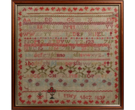 A Channel Islands mid-19th century alphabet needlework sampler Mary Allez 1839, traditional first sampler for a young girl sh