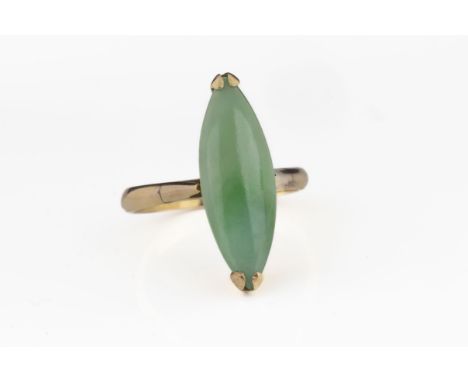 A 14ct yellow gold and jade navette ring ring size O, total gross weight approx 3.9g *wear commensurate with age, evidence of