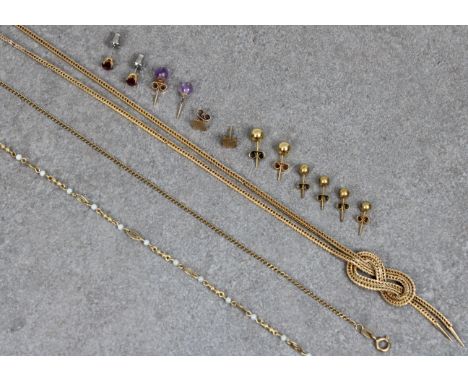 A 9ct yellow gold knotted fine box link necklace together with an openwork necklace interspersed with seed pearl plus an 8ct 