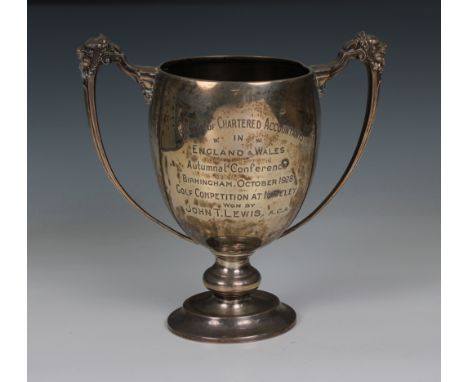 A silver twin handled trophy cup Adie Brothers Ltd, Birmingham, 1928, the handles with lion mask decoration, with inscription