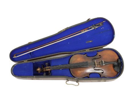 A full size 19th century violin and bow in a polished wood veneered case bearing a Stradivarius label, overall length 23½in. 