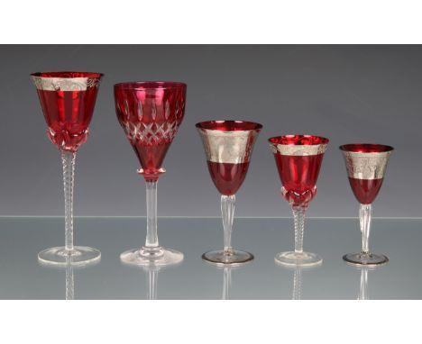 A collection of twenty four 20th century wine glasses to include five red and clear wine glasses having bell shaped bowls wit