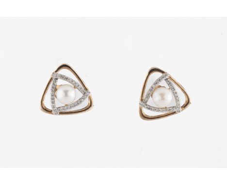 A pair of 9ct rose gold pearl and diamond triangular shaped earrings the 5mm cultured pearls within a border of round brillia