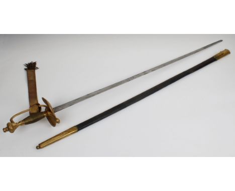 A Victorian court sword with gilt metal wire wrapped grip, shaped crown pommel, gold coloured braid ribbon, 32in. plain blade