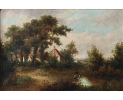 R Leslie (English, mid 19th century) Sailing a model boat on a farmyard pond, oil on canvas, signed lower right "R (?) Leslie