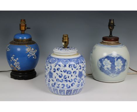 Six various ceramic table lamps, most blue and white Chinoiserie decoration, with lamp shades.