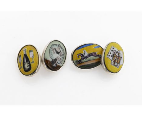 A pair of silver and enamel novelty oval cuff links each panel painted with a different design, including horse racing, card 