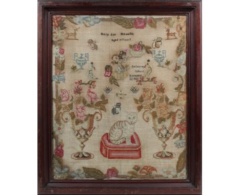 A George IV named Channel Island needlework sampler by Mary Ann Hamelin aged 11 Years - Delancey School November 22 1821, the