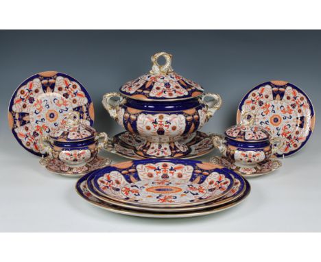 A Mason's England ironstone china Imari pattern part dinner service comprising one large lidded tureen and under plate, pair 