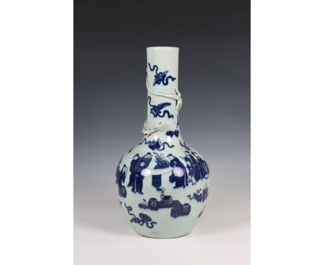 A Chinese blue &amp; white bottle vase ovoid form to long slender neck with applied dragon, decorated with figures, flying Pi