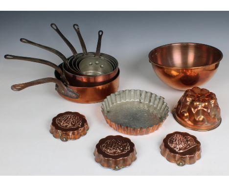 A graduated set of five French Villedieu copper tin lined saucepans 12cm; 14; 16; 18, and 20cm, together with a Saute pan, 24