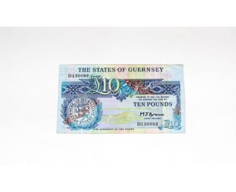 BRITISH BANKNOTE - The States of Guernsey - Ten Pounds c.1980, Signatory M. J. Brown, serial number D130092, fine, pressed, v