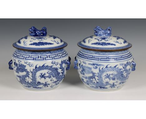 A pair Chinese porcelain blue and white lidded bowls/pots probably early 20th century, each decorated with five clawed dragon