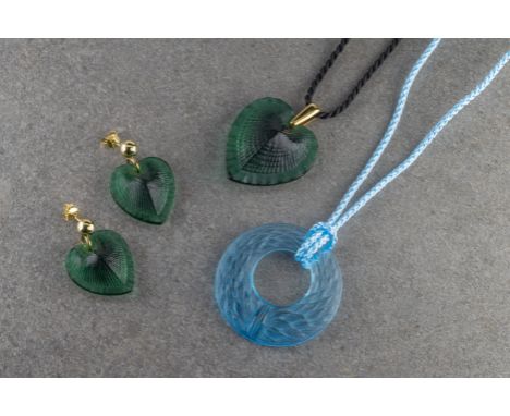 Lalique - a pair of Telline green glass earrings and matching pendant the heart shaped earrings suspended from gold plated po