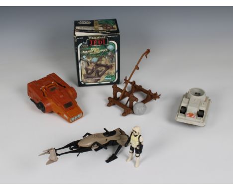 STARWARS original Vintage vehicles from the '70s and '80s Including boxed ROTJ Ewok Assault catapult (open), Biker scout and 