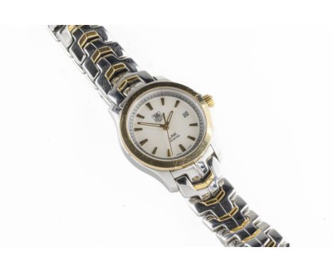 A ladies bi-colour stainless steel Tag Heuer link wristwatch the 21mm circular mother of pearl dial with gold coloured baton 