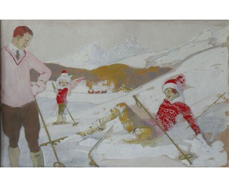 Edmund Blampied RBA, RE, (Jersey, 1886-1966) Skiing. "The background is Pontresina - the foreground, Cupid chaperoning two am