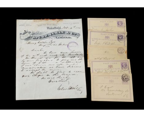 Stamps GB,   a collection of 5 QV printed postcards together with a share certificate; interesting postal history with clear 