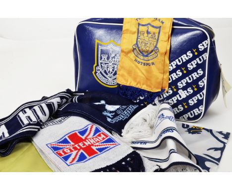 Tottenham Hotspur,  a small Spurs retro (1975) bag approx 18" X 14", four blue/white scarves, one yellow scarf and a blue/whi