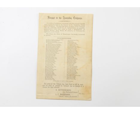 Programme, Banquet Announcement & programme honouring the Australian Cricket Tour to England 1878 (gd) (2)  