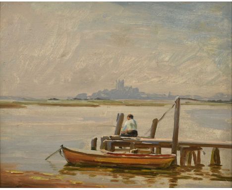 Attributed to Arthur A Friedenson (1872-1955) Fishing off a jettySigned verso, oil on board, 31.5cm by 39cmExhibited: T B &am