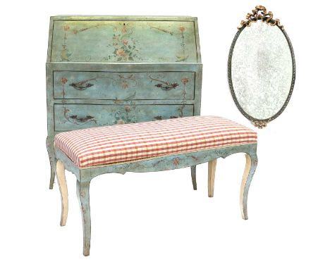 A 20th Century Venetian-Style Green and Polychrome-Decorated Bureau, the fall front enclosing a cream painted interior with f