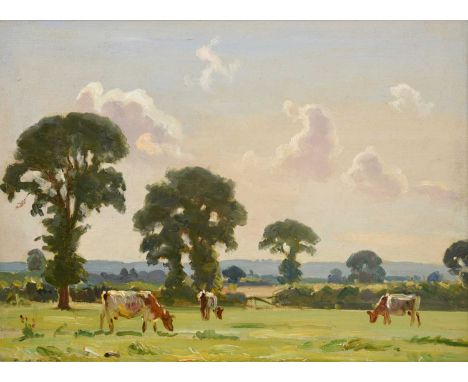 Ernest Higgins Rigg (1868-1947) Cattle grazing in summer pastures Signed, oil on canvas board, 28cm by 38cmCovered in a layer