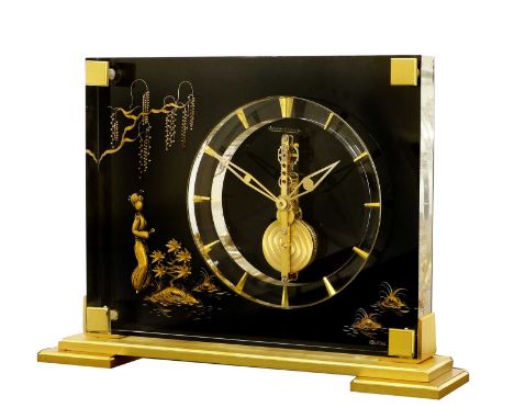 A Lucite "Marina" Mantel Timepiece, signed Jaeger LeCoultre, model: Marina, circa 1970, case depicting a figure amongst a tre