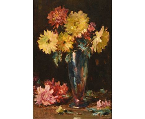 Owen Bowen ROI, PRCamA (1873-1967)  "Chrysanthemums" Signed, with signed and inscribed label verso, oil on board, 42cm by 27.