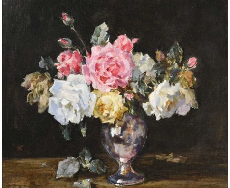 Owen Bowen ROI, PRCamA (1873-1967) Assorted Roses in a silver vase Signed and dated (19)29?, oil on canvas, 38cm by 58.5cmPro