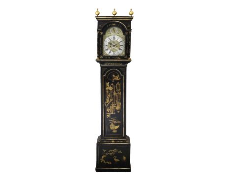 A Black Chinoiserie Eight Day Longcase Clock, signed Jno Stokes, St Ives, No.506, circa 1740, flat top pediment, glazed side 