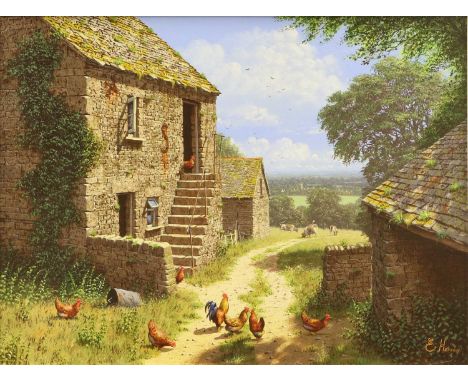 Edward Hersey (b.1948) An extensive landscape with chickens and cattle grazing by farm buildings, a village and church spire 