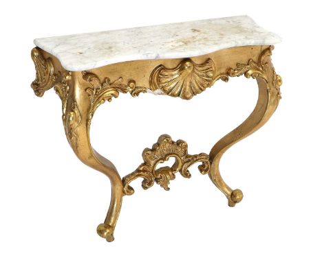 A Late 19th Century Giltwood and Gesso Rococo-Style Console Table, the grey and white serpentine-shaped marble top above a sh