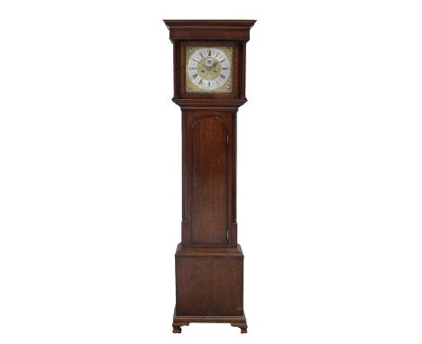 An Oak Eight Day Longcase Clock, signed J. Harrocks, Lancaster, circa 1750, flat top pediment, crossbanded arch trunk door, 1