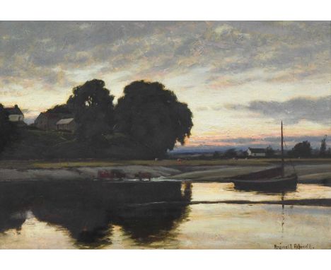 Reginald Aspinwall (1858-1921)Cattle watering in an esturial landscape with a distant sunsetSigned, oil on panel, 24.5cm by 3