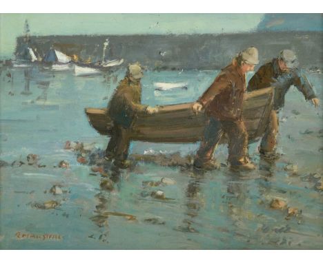 Richard Marshall (1944-2006)  Staithes - Fishermen bringing in a coble  Signed, oil on board, 22.5cm by 30cm  Exhibited: TB a