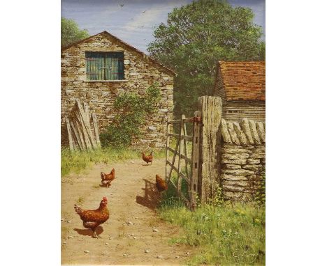 Edward Hersey (b.1948)Chickens on a track before farm buildings Signed, oil on canvas, 39.5cm by 30cmThe frame is in good con