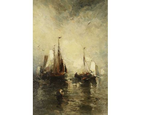 Stephen Frank Wasley (1848-1934)Shipping in a calm at sunset Signed and indistinctly dated, oil on canvas, 60cm by 39cm  TB &