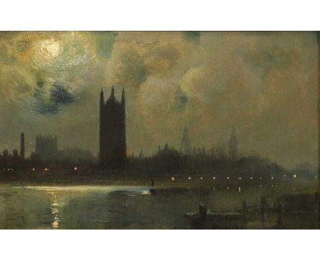 George Hyde Pownall (1866-1932)Westminster Abbey by moonlightSigned, oil on board, together with a further work by the same h