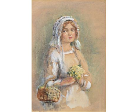 Rowland Henry Hill (1873-1952)Portrait of a young girl wearing a white bonnet and holding a posy and basket of PrimrosesSigne